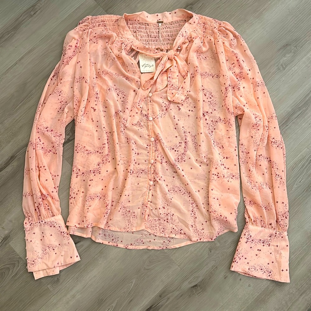 Free People Pink Star Print Long Sleeve Blouse